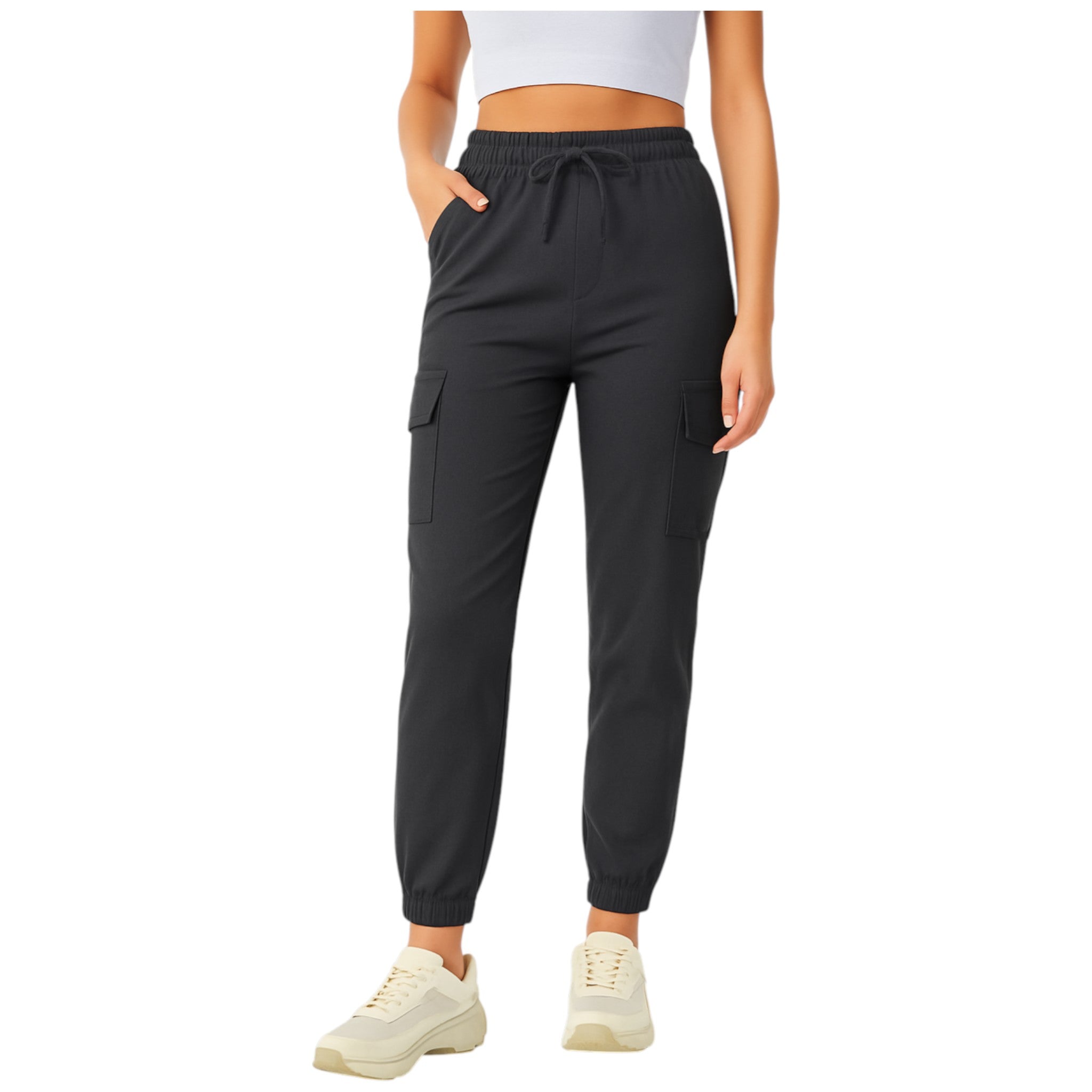 Ladies high quality stretch cargo trousers in charcoal grey with elastic waistband, drawstring tie, and side pockets